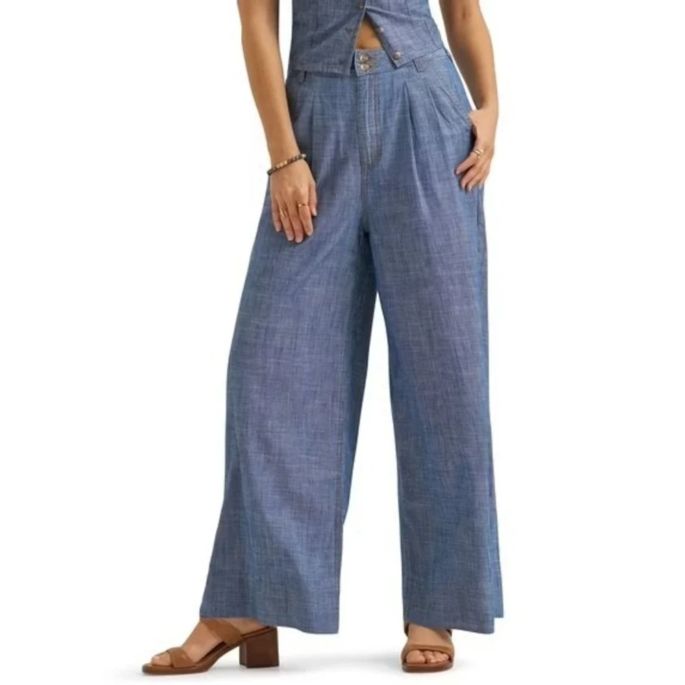 LEE Wide Leg Loose Fit Pleated Trouser Pant Sz 14 Indigo Prep Chambray Denim NWT